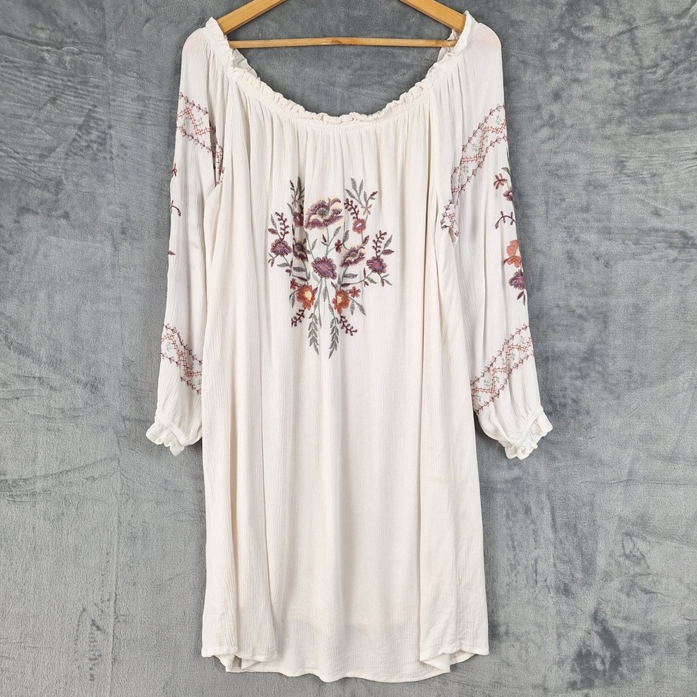 Womens Dress XXL Boho Off Shoulder Floral Embroidered Peasant Hippie Festival